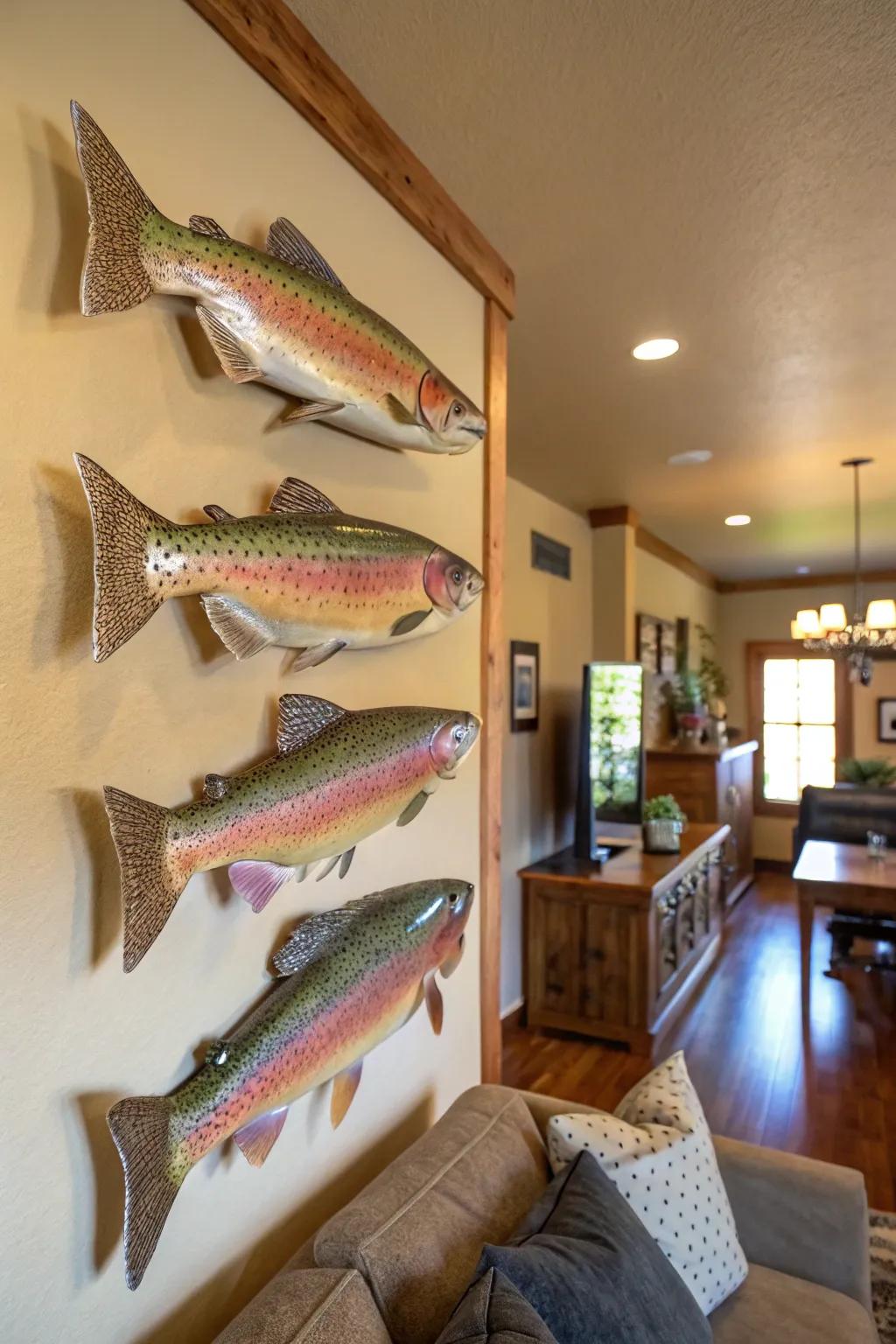 Multiple rainbow trout mounts combine to form an animated and engaging feature within the home.