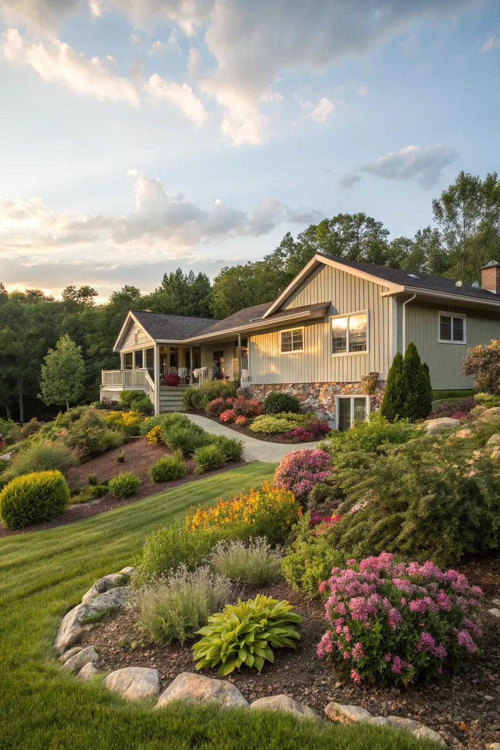 Exquisitely stratified foliage encircling a raised ranch, crafting a verdant outdoor haven.