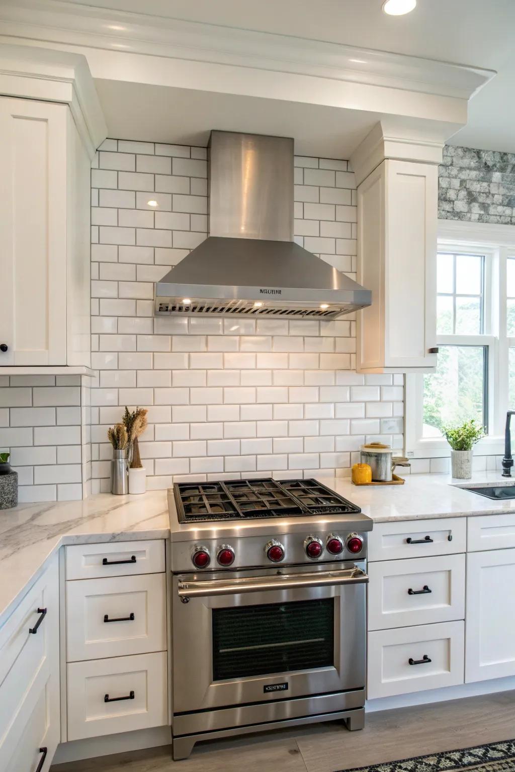 Kitchen scene displaying a rectangular tile backsplash harmoniously integrated with a modern vent hood.