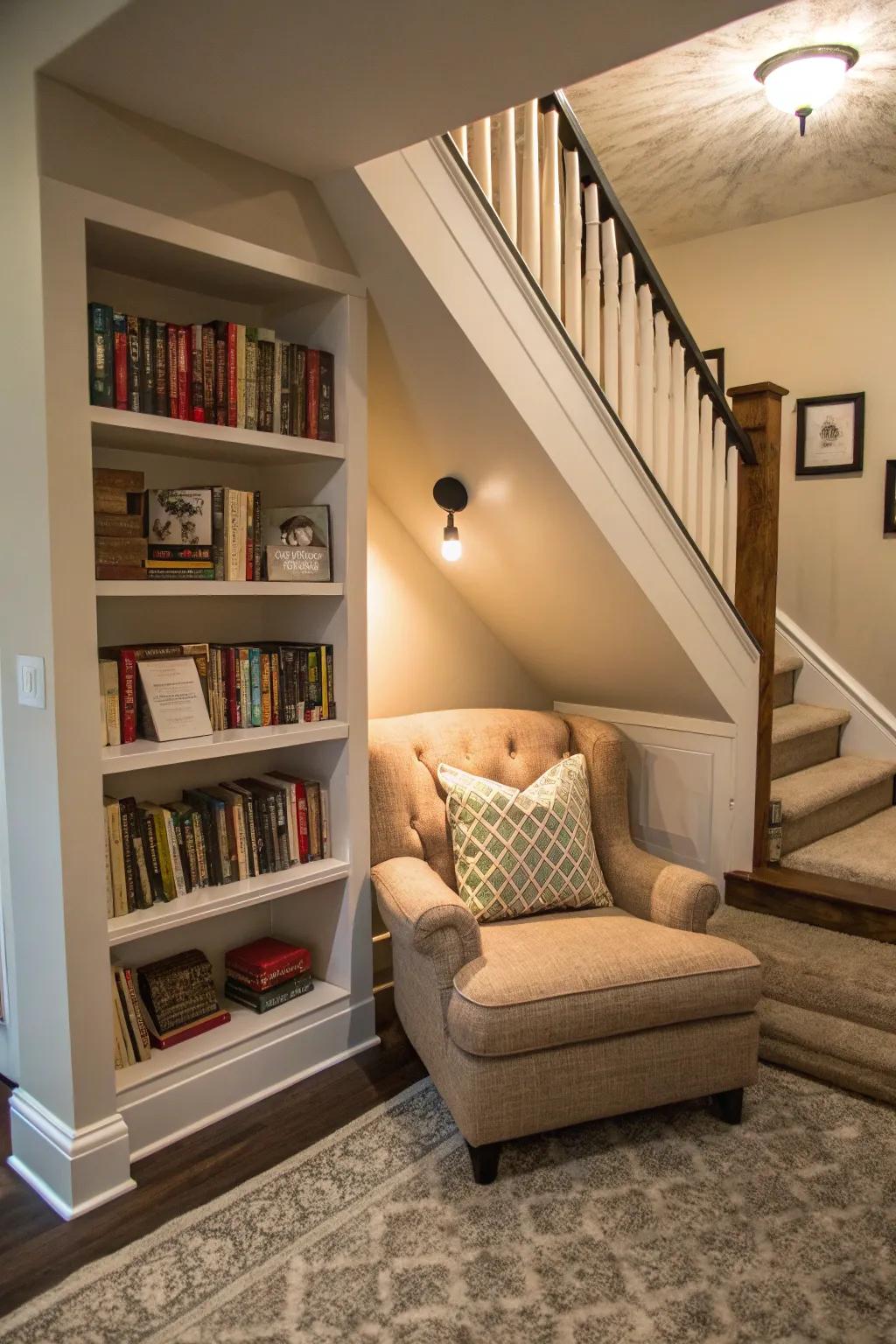 Capitalize on the space beneath the stairs to fashion a clandestine reading nook.
