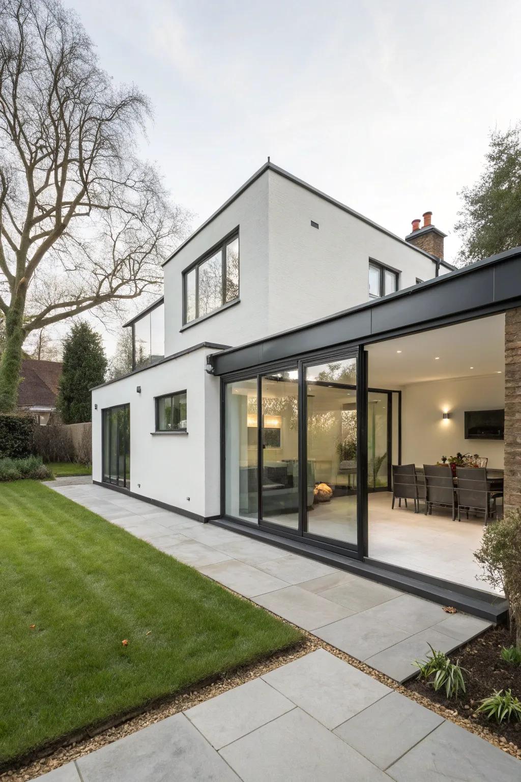 A sleek and modern rear house extension featuring minimalistic design elements.