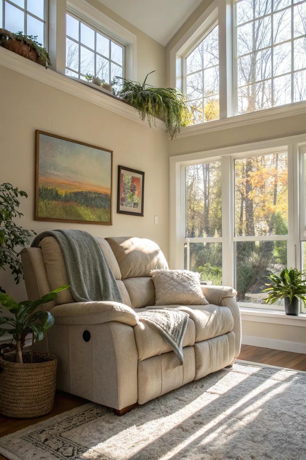 A luminous family room with a reclining sofa benefiting from sunlight.