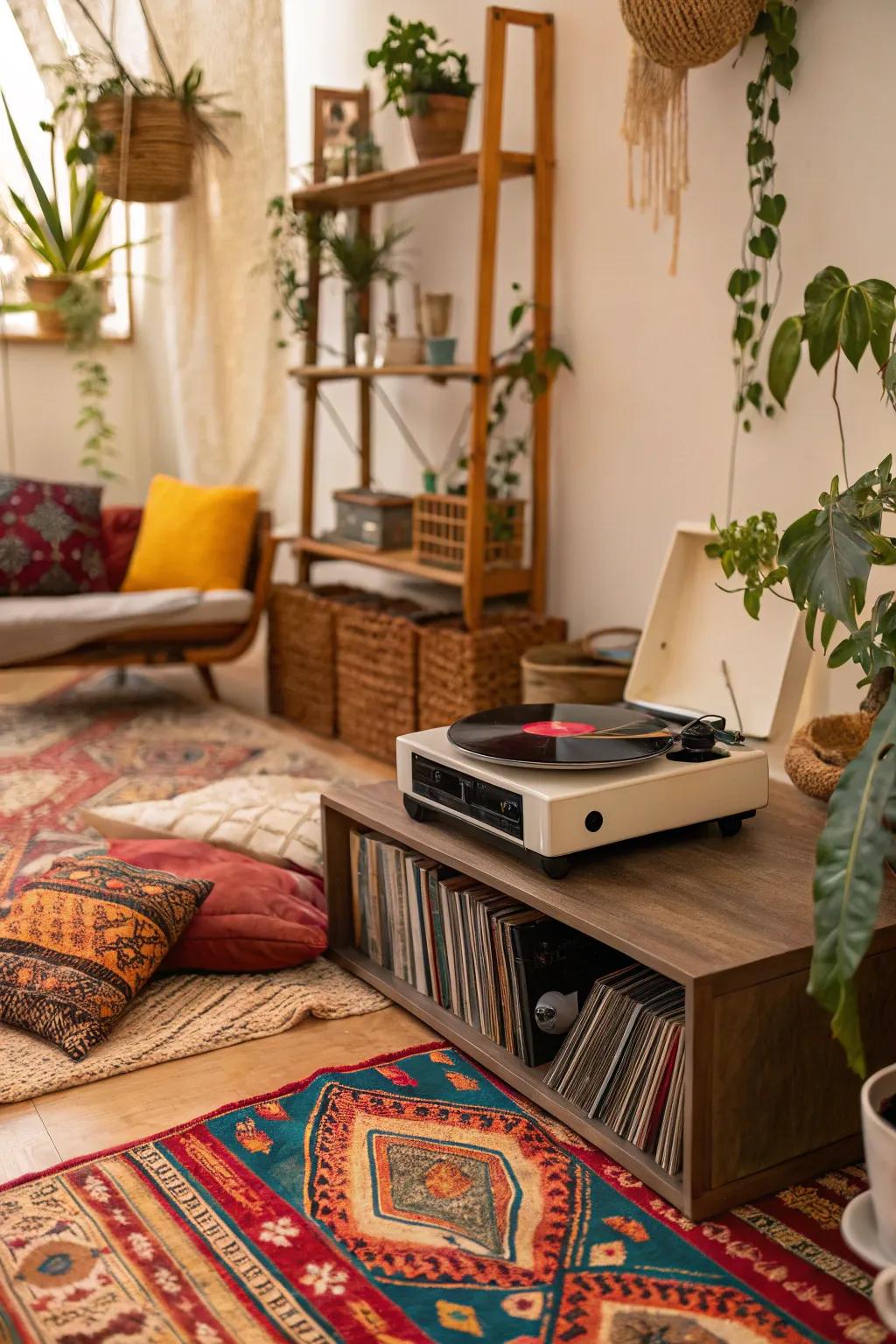 A bohemian record player arrangement featuring lively textiles and flora.