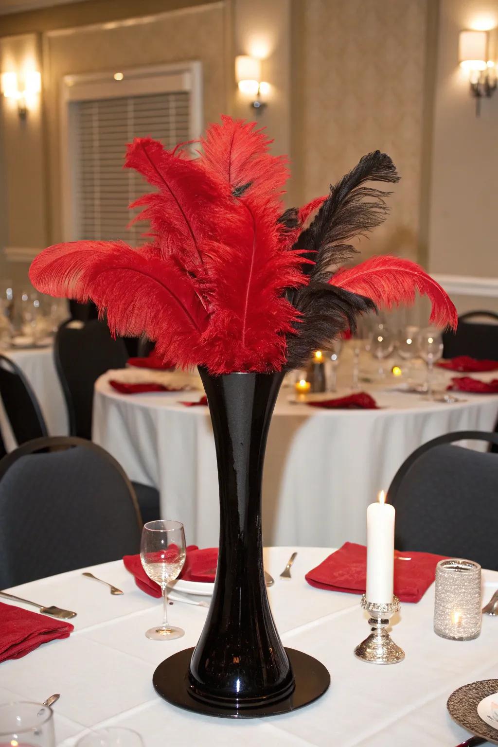 Scarlet plumes inventively positioned within a dark container for dramatic attractiveness.