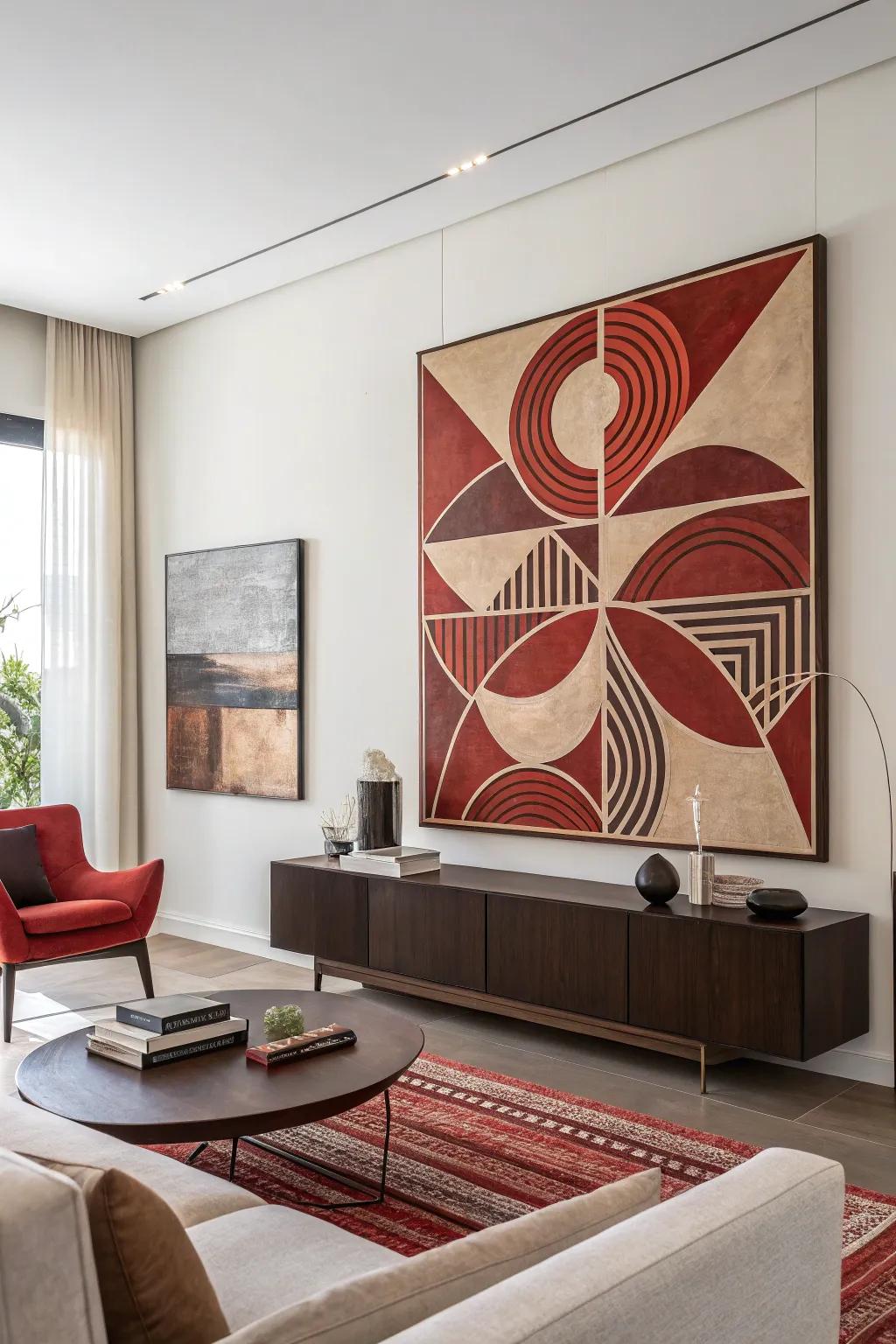 Art with red hues adds a cohesive touch to the room’s aesthetic.