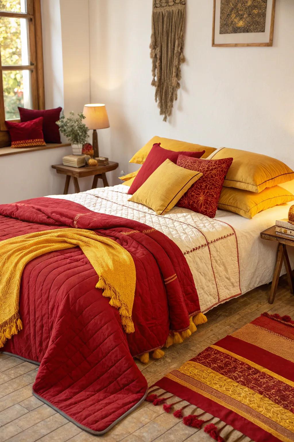 Stratified textiles in crimson and gold cultivate a snug and welcoming allure within this resting chamber.