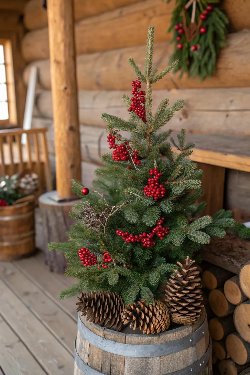 Earthy Christmas tree showcasing scarlet berries and woodland cones
