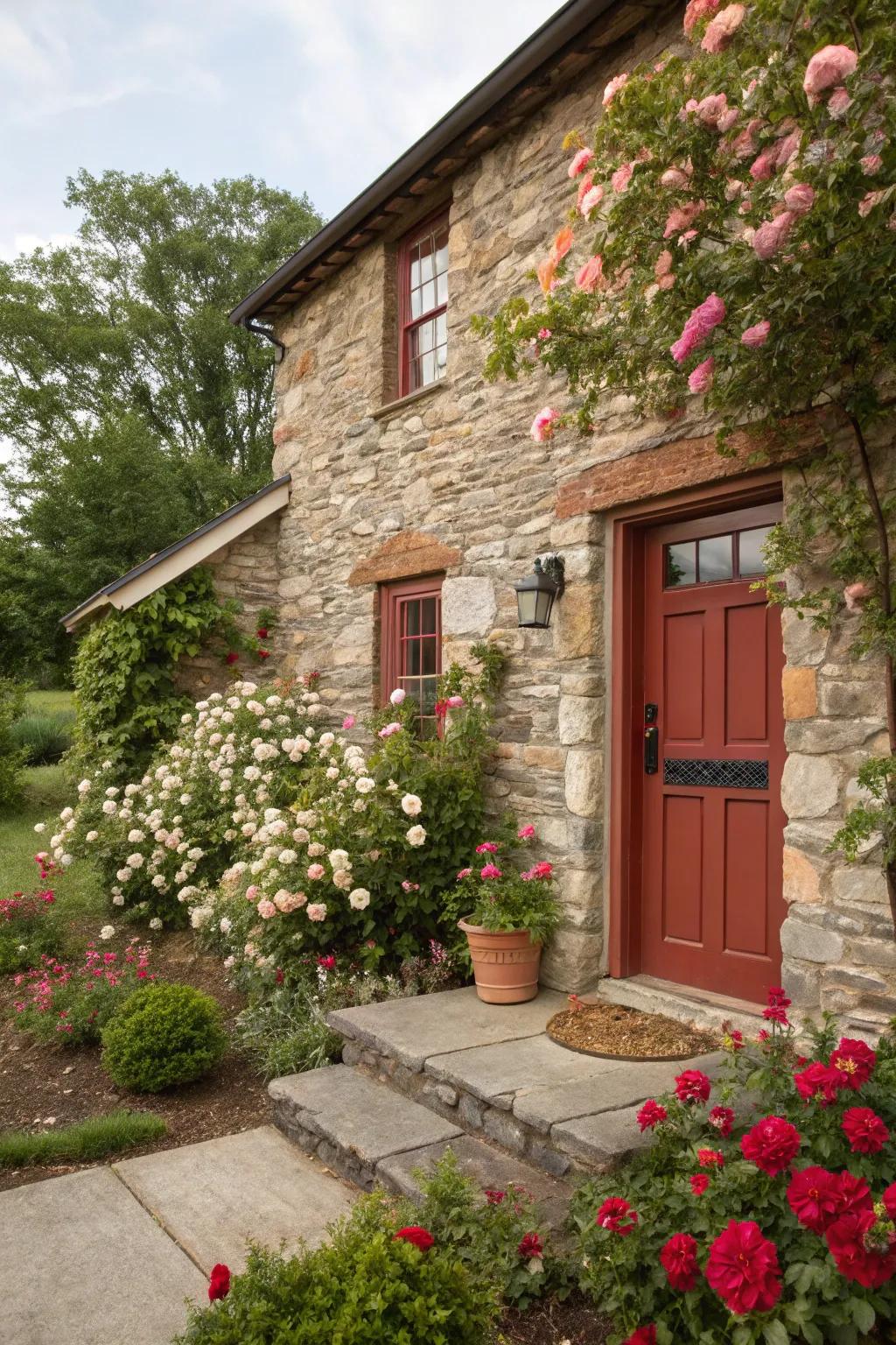 Rustic stone house with an inviting terra cotta entrance.