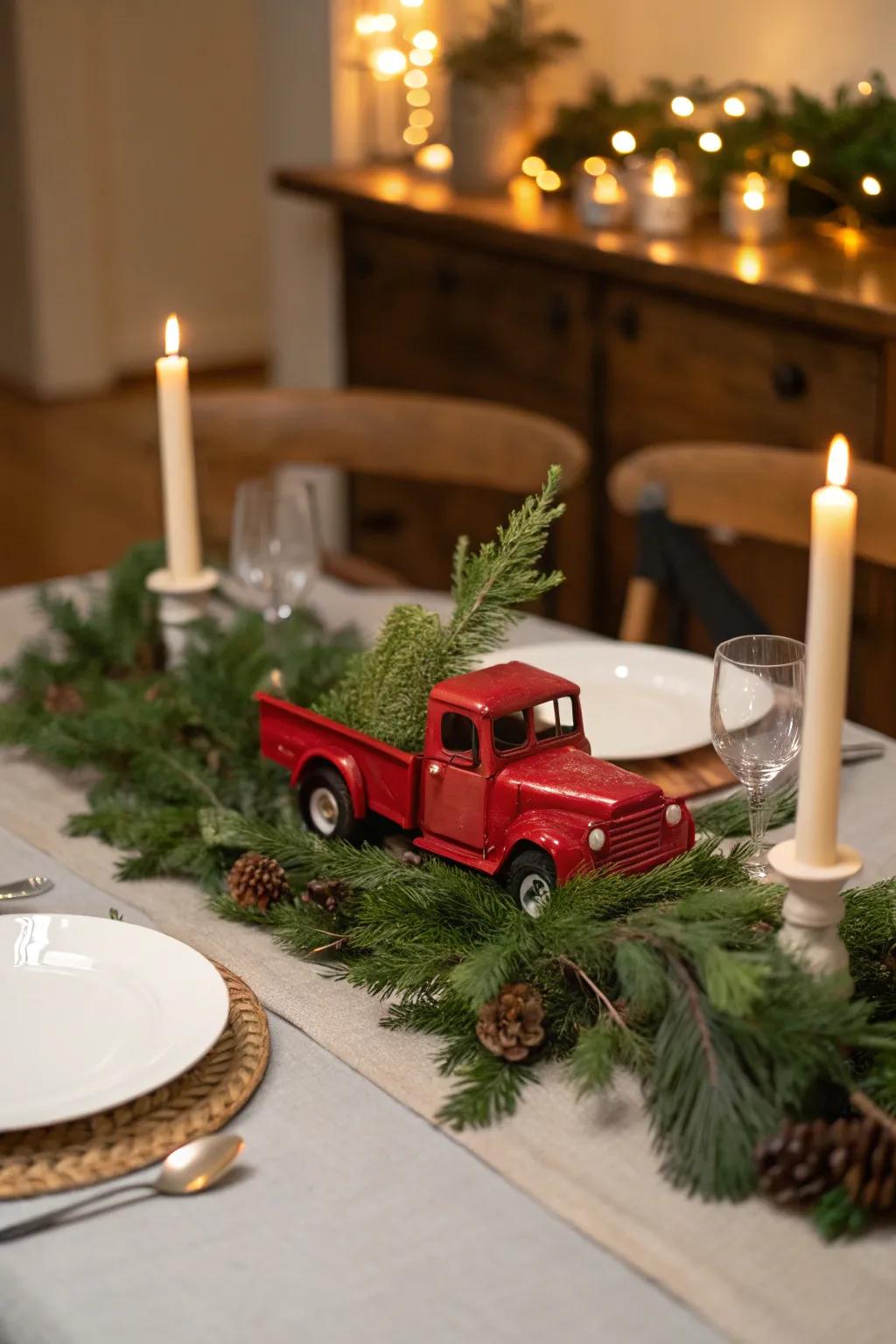 Country-inspired dining arrangement showcasing a crimson pickup as the table's highlight.