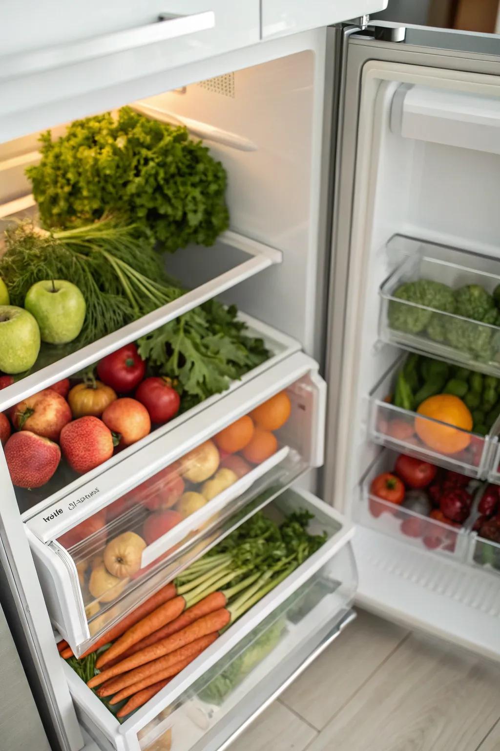 Dedicated drawers for specific food groups promote better freshness and arrangement.