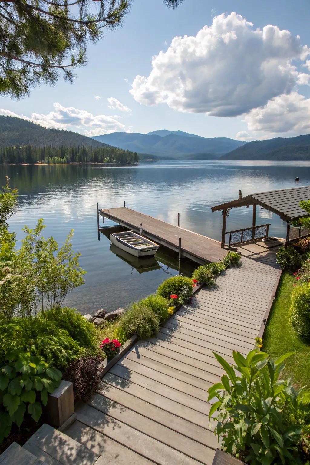 A dock perfectly situated for savoring picturesque lake and mountain scenery.