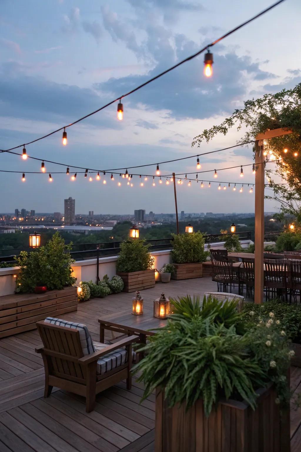 Illuminate your rooftop deck with perfectly balanced ambient lighting to create a captivating evening atmosphere.