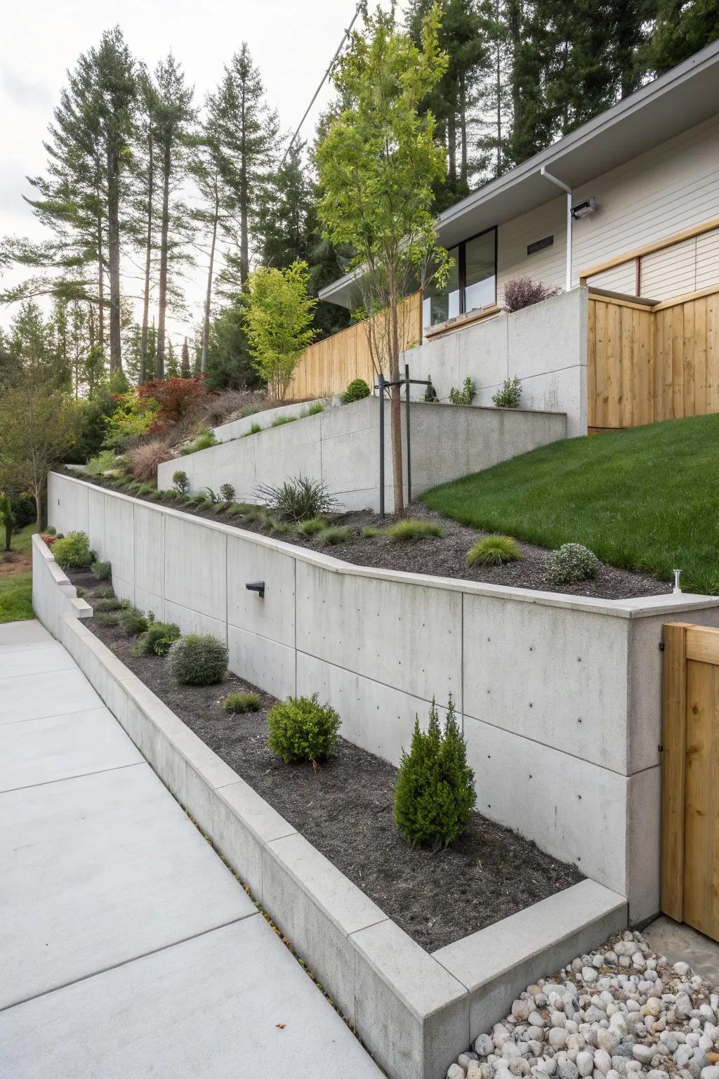 Landscapes benefit from the sleek and structured appeal of contemporary concrete walls.