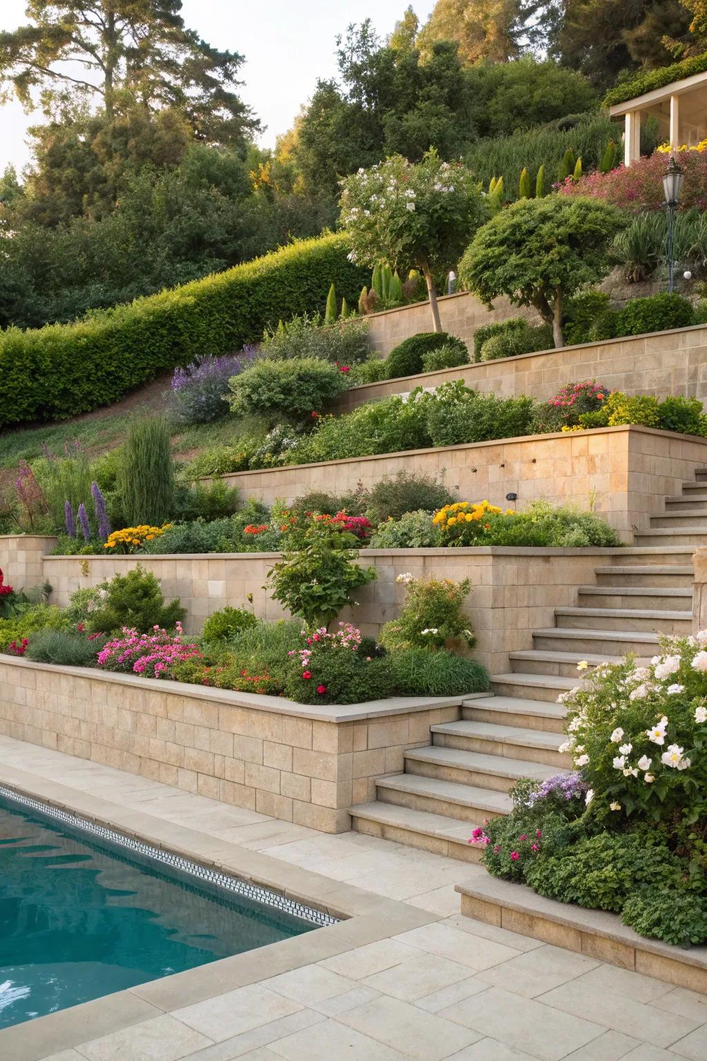 Terraced retaining wall showcasing lush garden beds.
