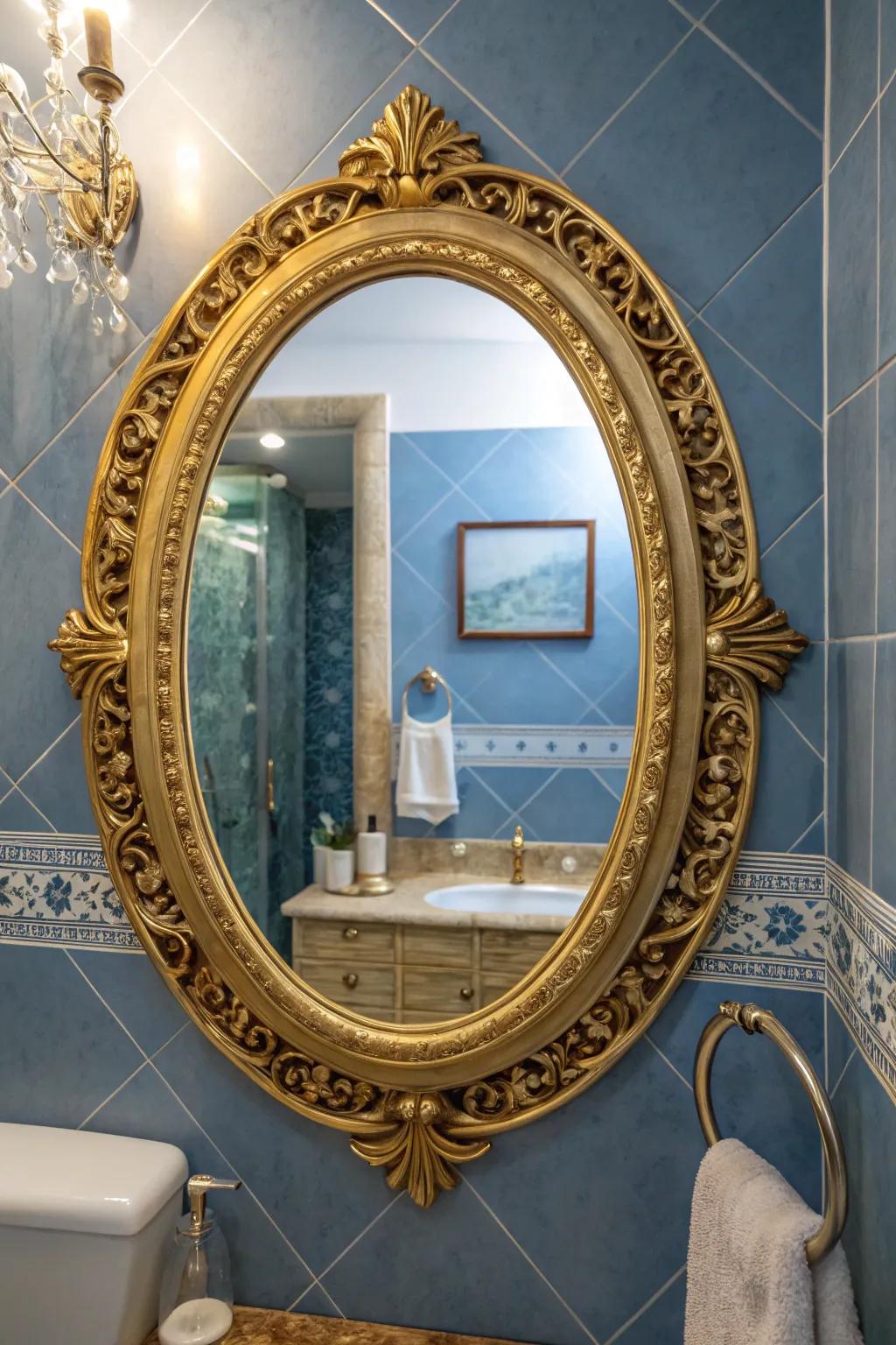 An ornamental reflector enhances the elegance of the vintage bathroom.