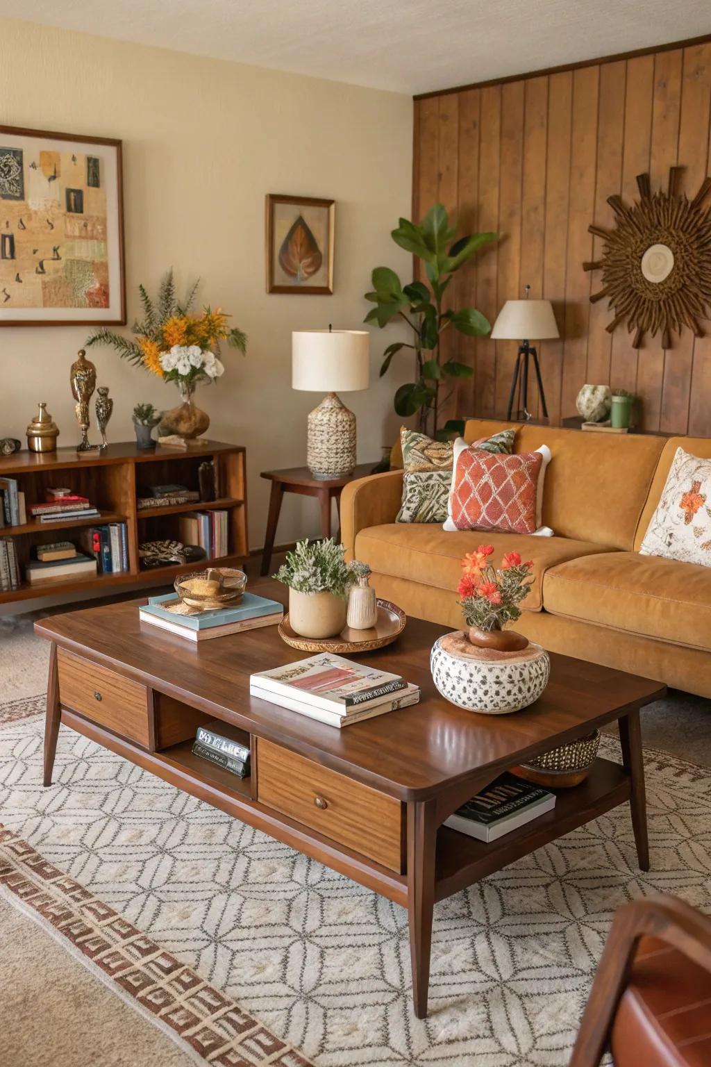 Vintage furniture injects timeless allure.