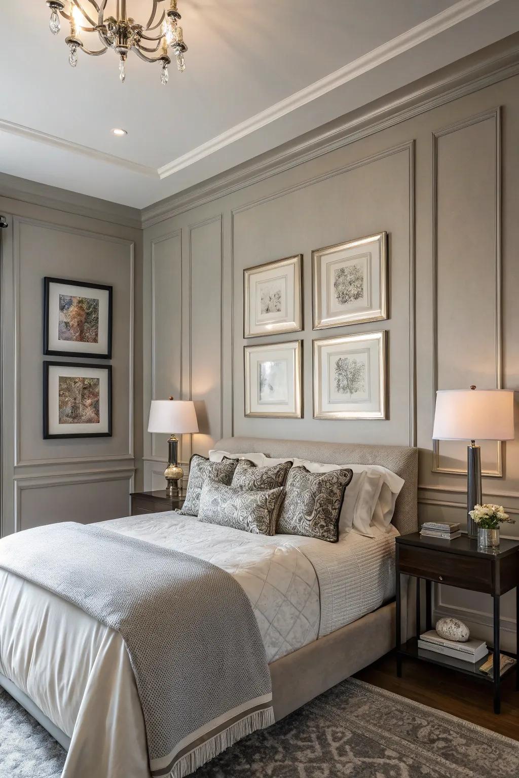 Framed art imparts a sense of elegance to a Willow Gray bedroom.