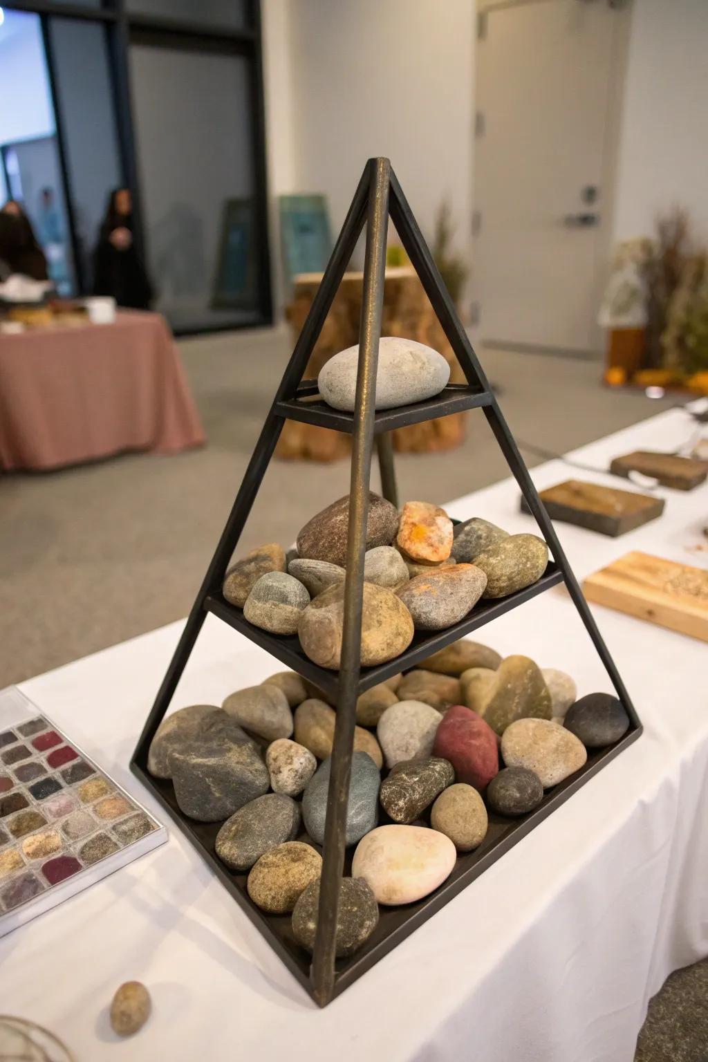 A modern triangle stand for displaying rocks