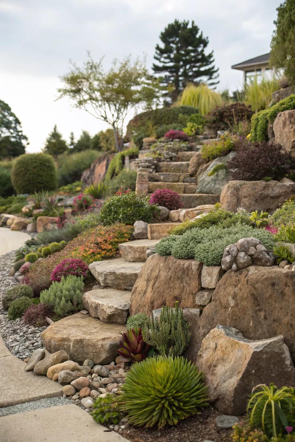 A multi-tiered rock garden presenting a spectrum of flora and textures.