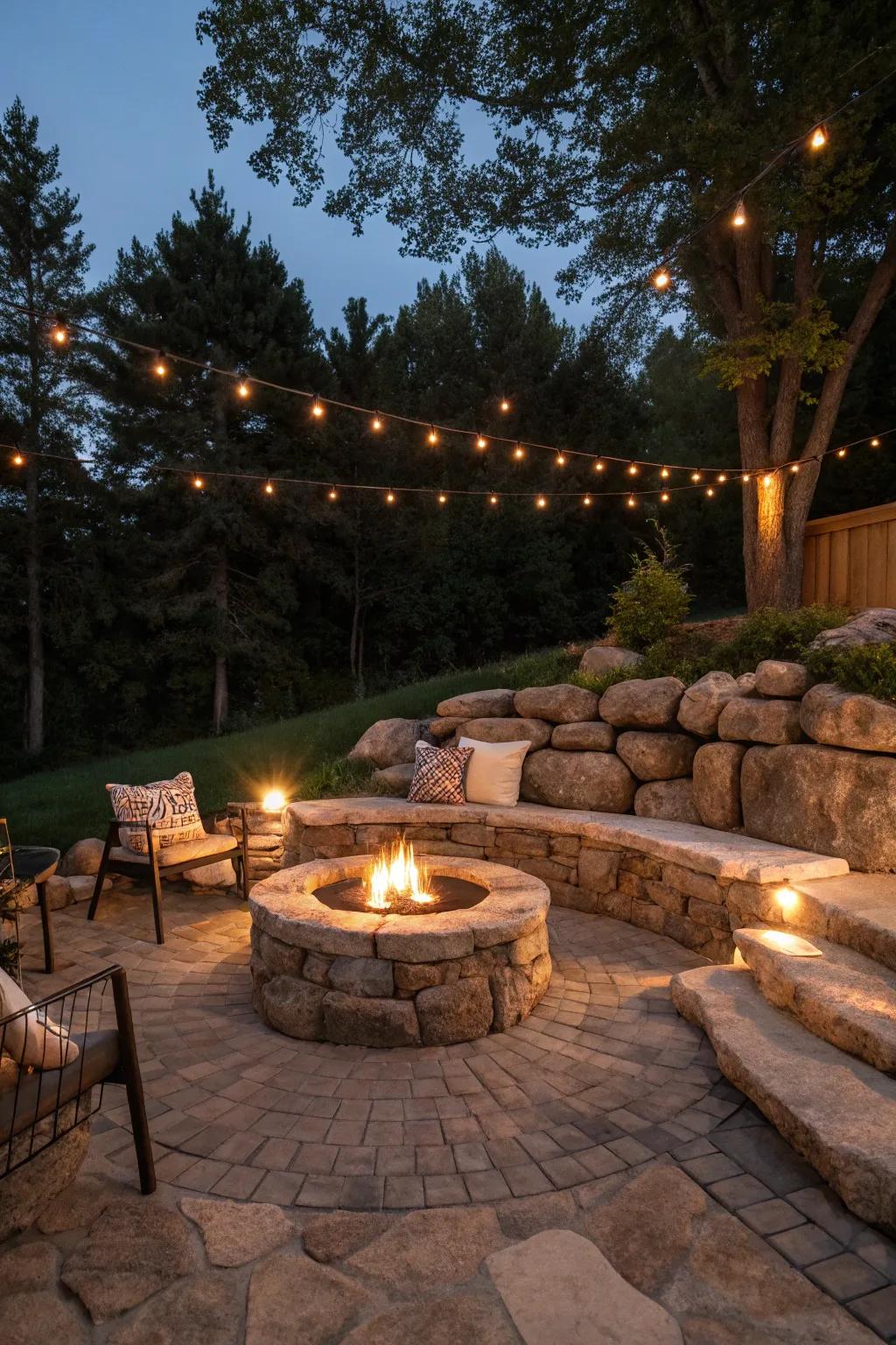 An intimate hearth sanctuary featuring rock-walled seating, tailor-made for nocturnal convivialities.
