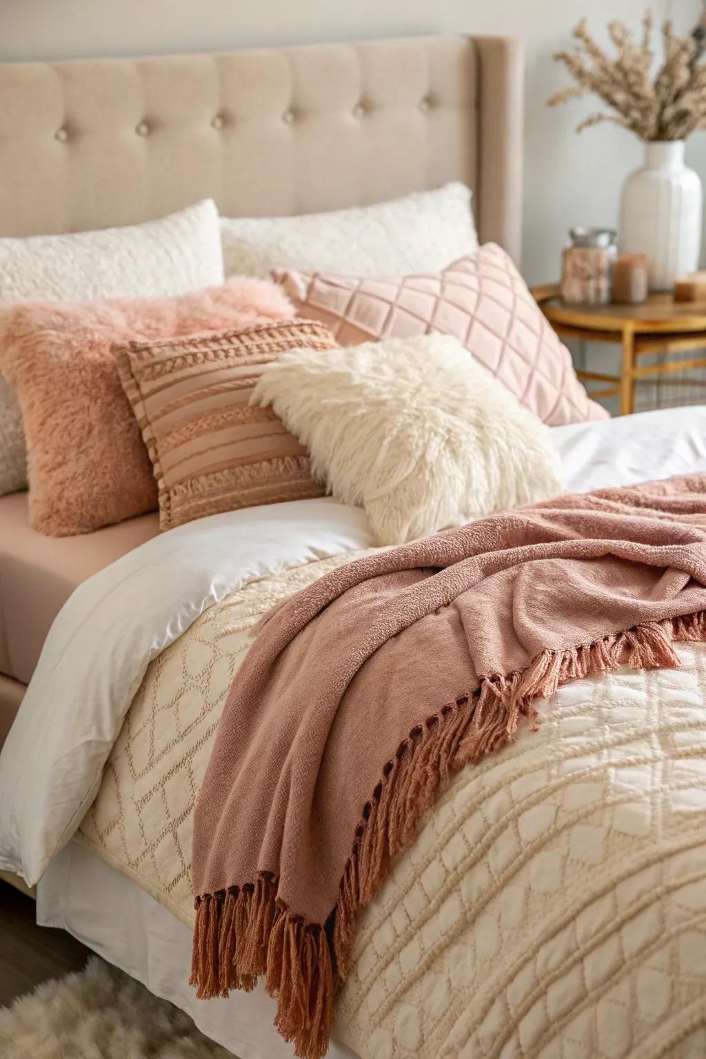Luxurious bedding with numerous layers promises a romantic retreat filled with comfort.