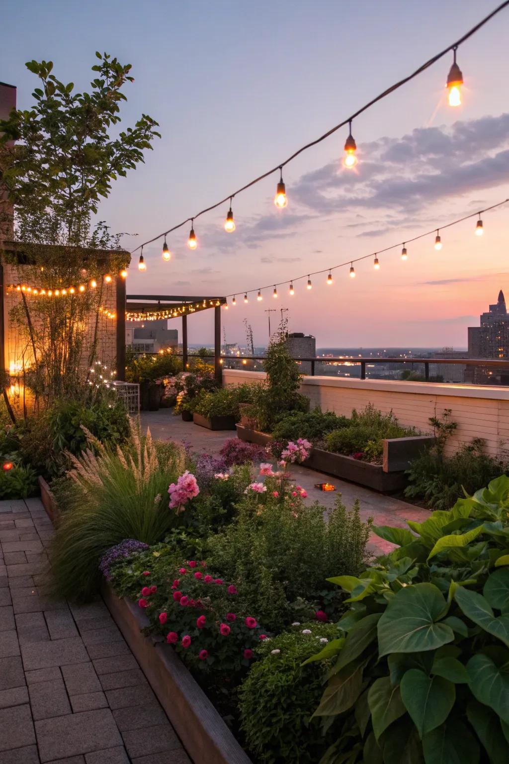 Atmospheric illumination transmutes the rooftop into an enchanting nighttime getaway.