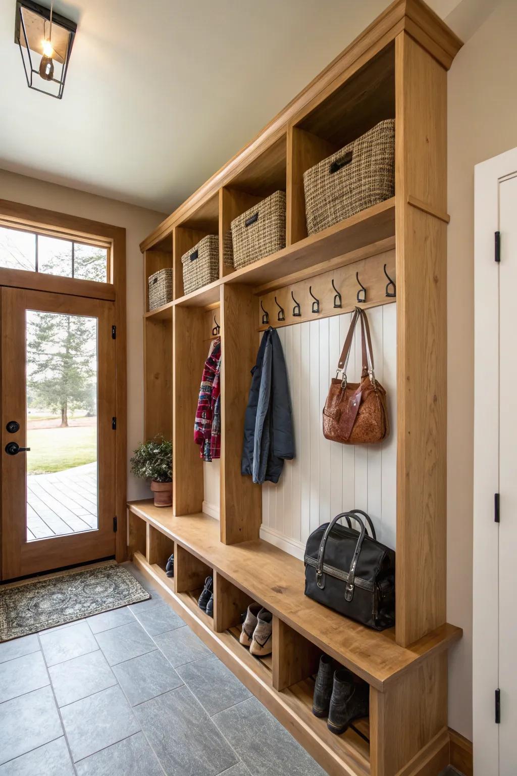 A mudroom elegantly addresses disorder with clever organizational methods.