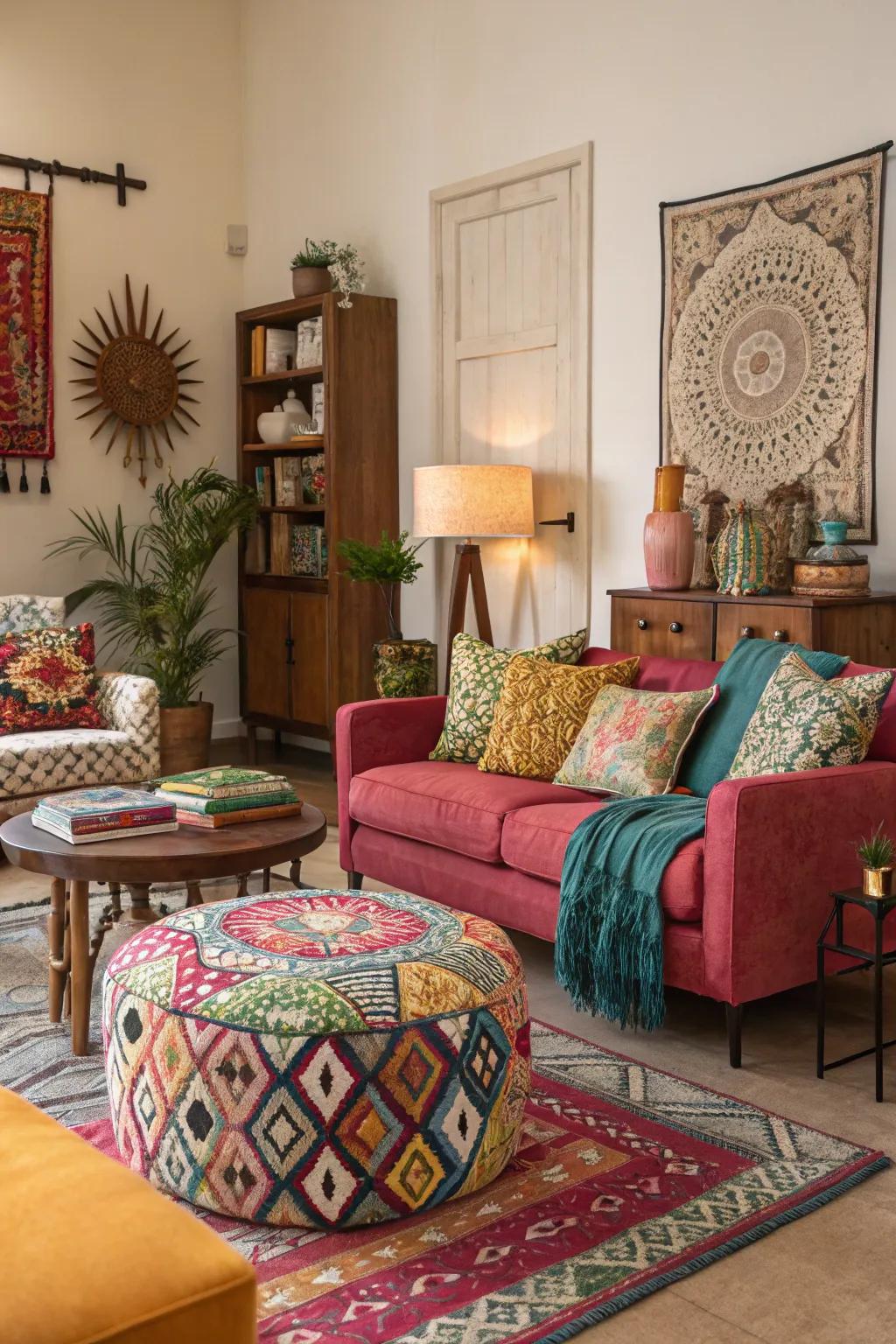 An eclectic living space imbued with character and stylistic flair.