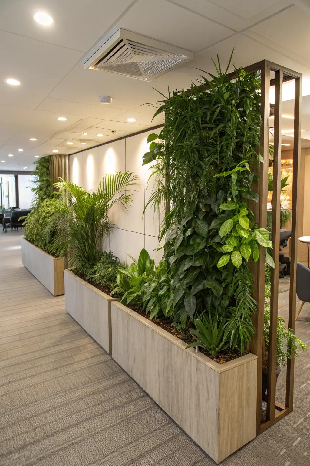A partition wall integrated with plant containers, infusing the space with natural greenery.