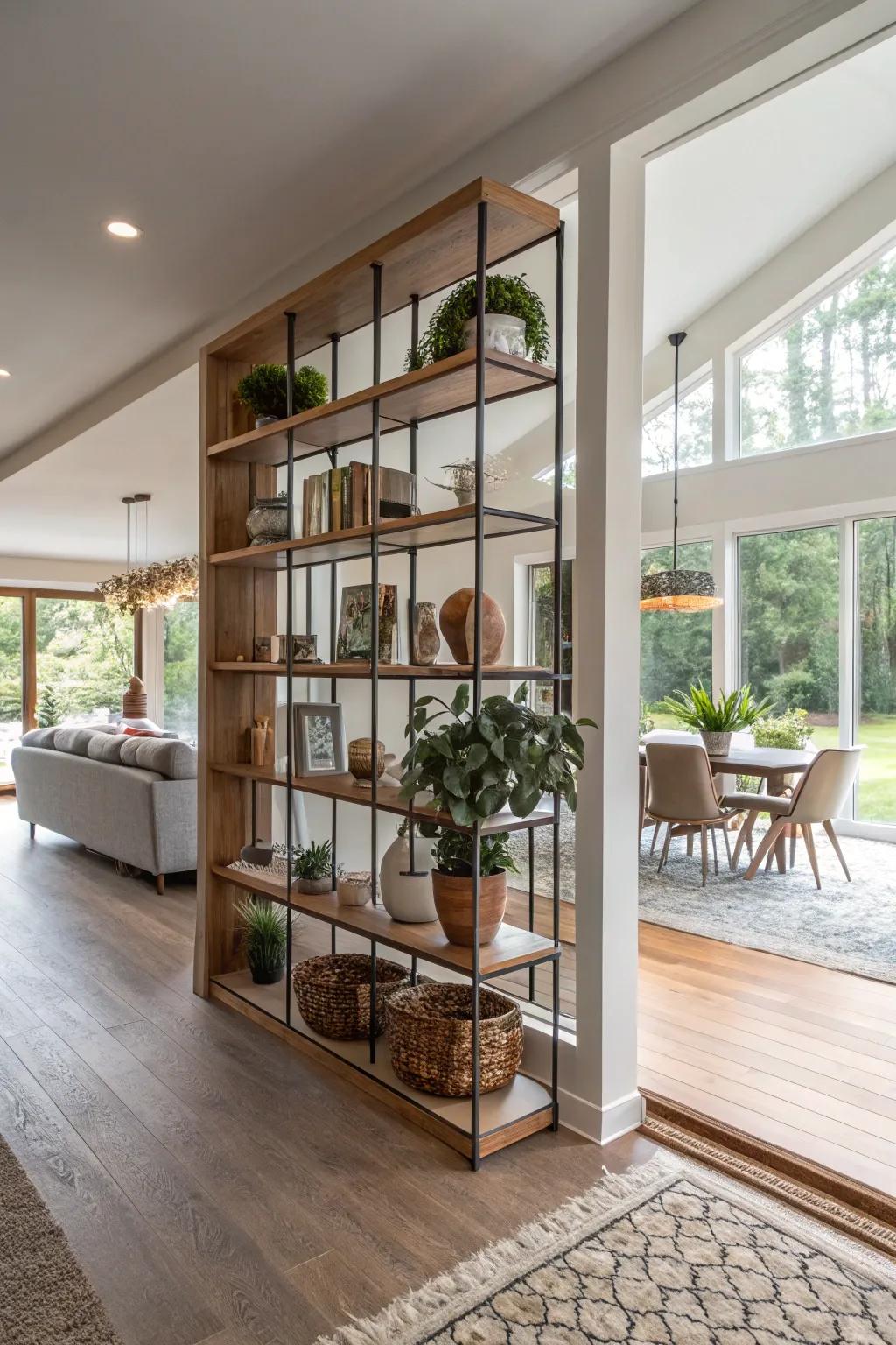 Open shelving combines practicality and style, suitable for any home.