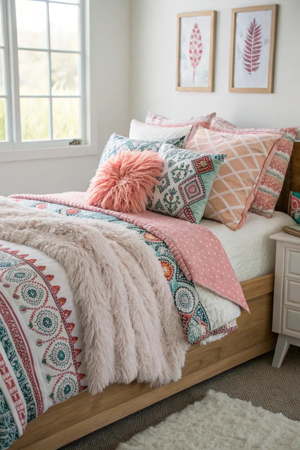 Layered bedding creates a comfortable and welcoming ambiance.