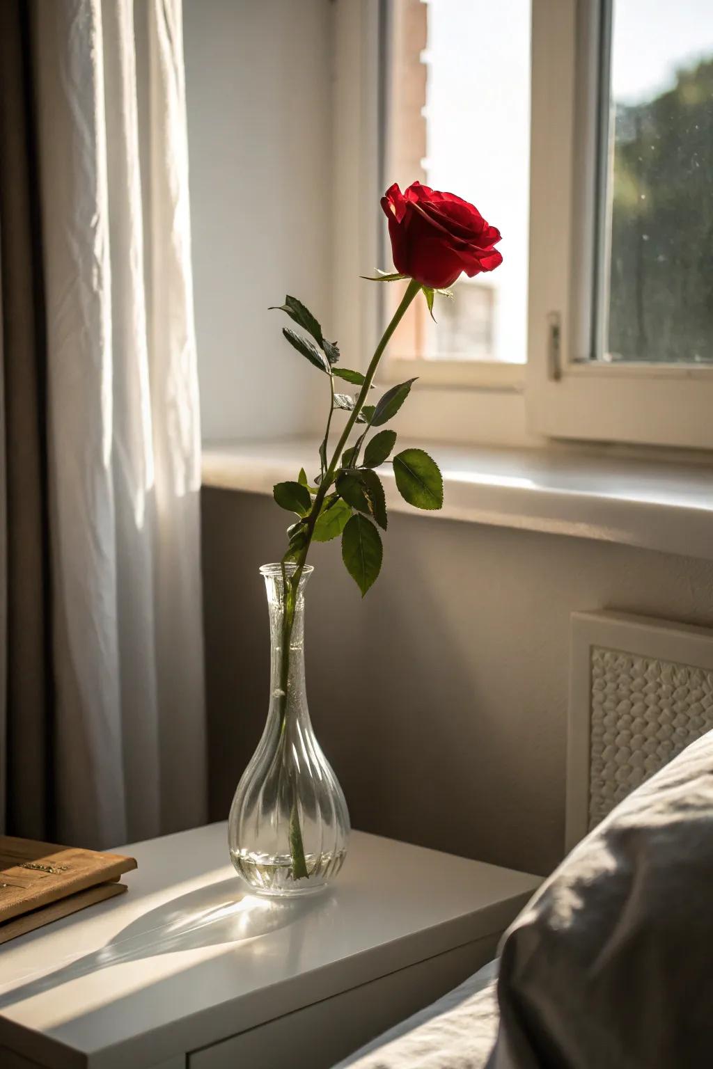 Sophisticated simplicity through a sole rose within a sleek vase.