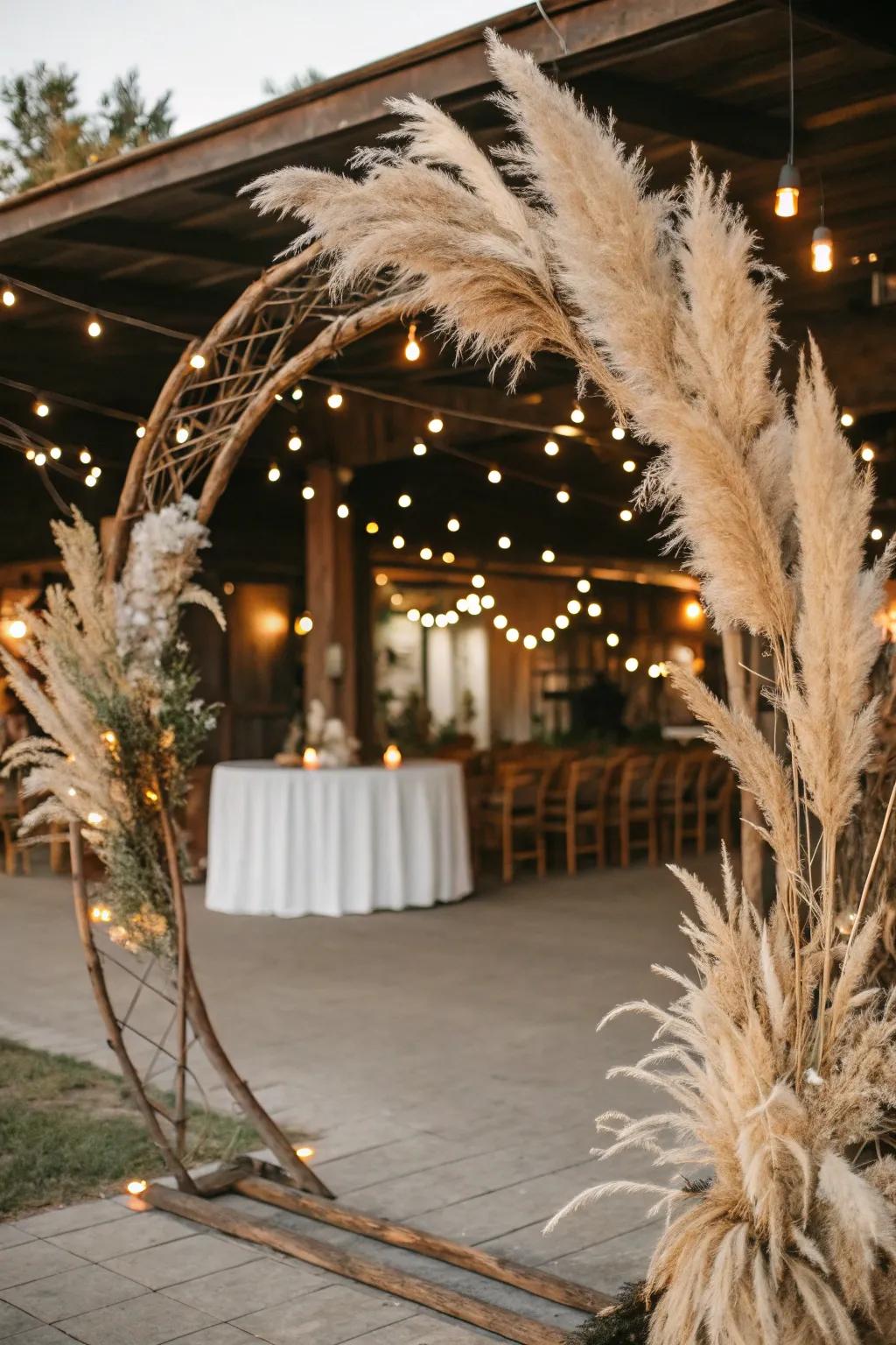 A country-themed rounded entrance adorned with plume grass for a bohemian touch.