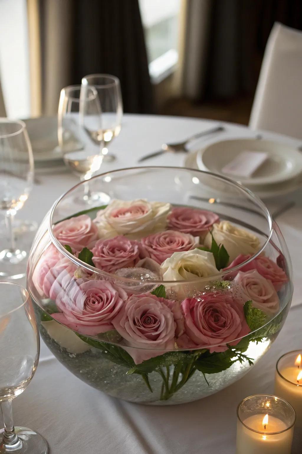 Submerged blossoms in a glass container fashion an exquisite centerpiece.