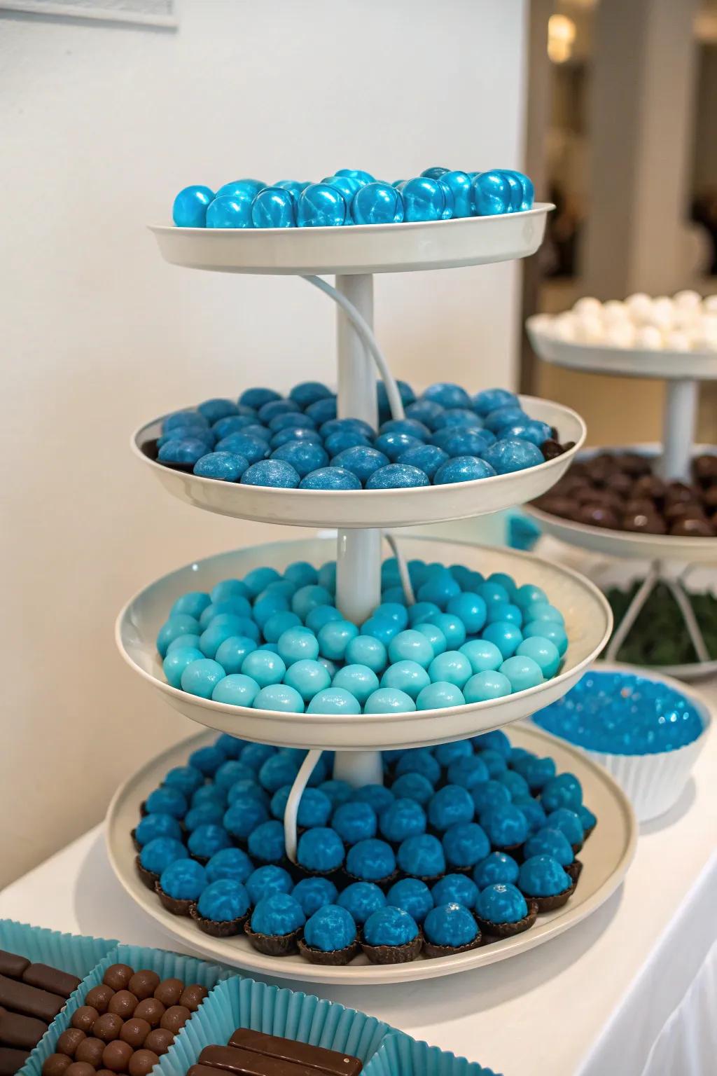 A visually striking sweets display with multi-tiered stands that add height and dimension.