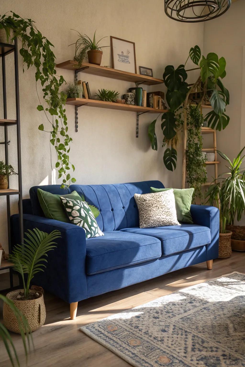 Vibrant verdant flora delivers a refreshing and lively contrast to the sapphire settee.