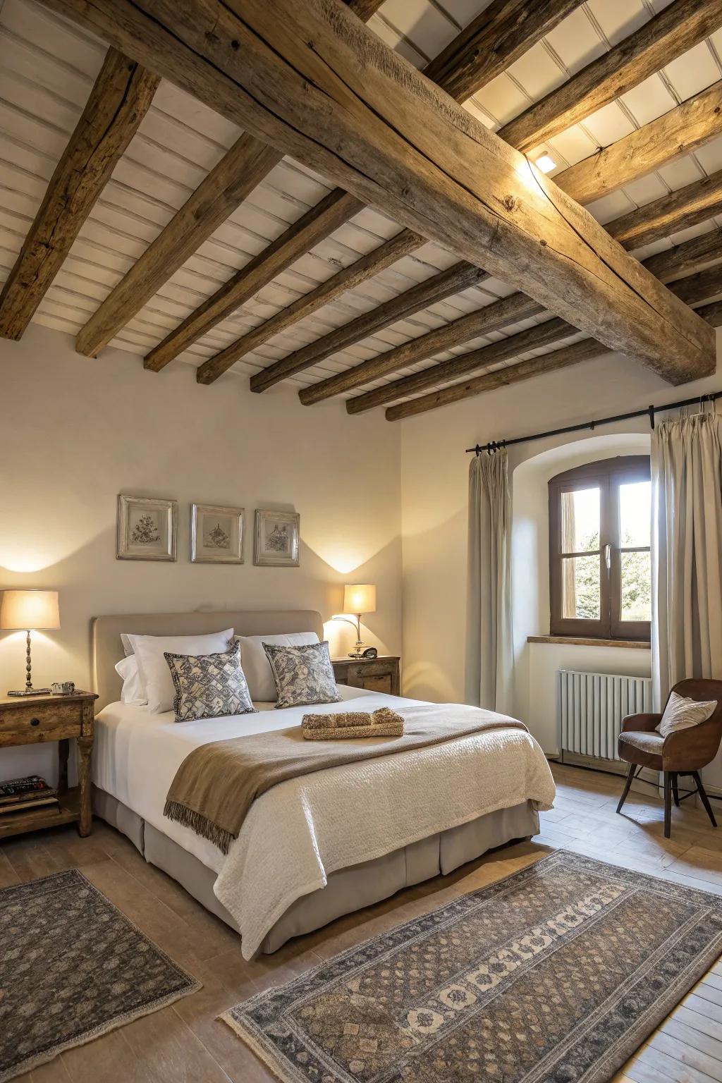 Visible timber beams heighten the countryside allure of the space.