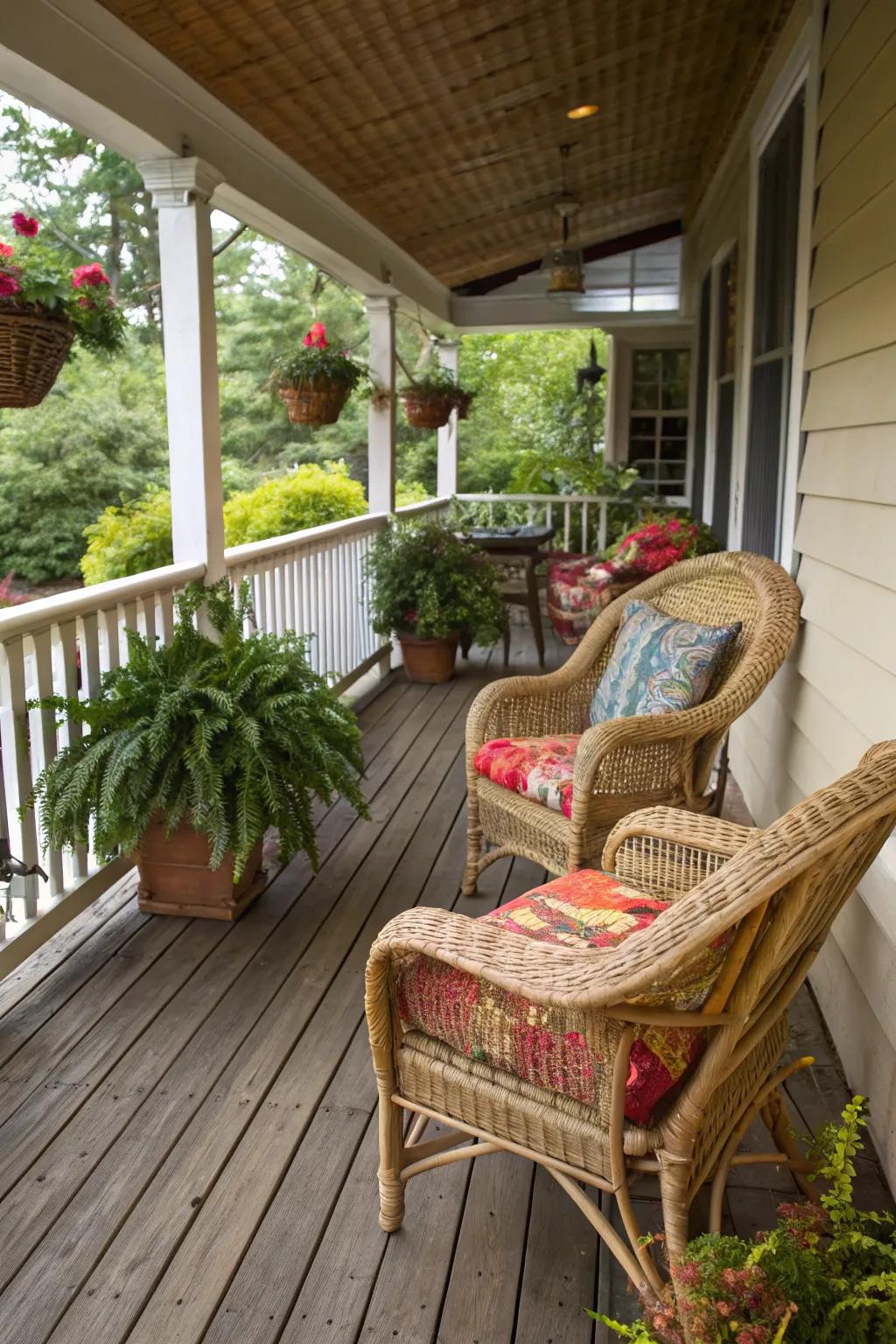 Unwind elegantly with cozy seating on your rustic porch.