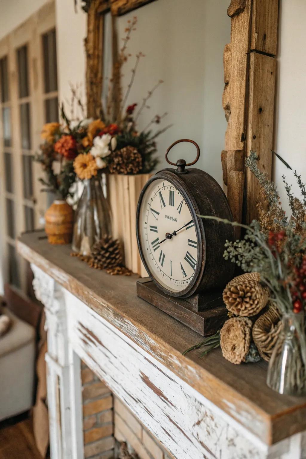A mantel adorned with an antique timepiece and country-inspired elements.
