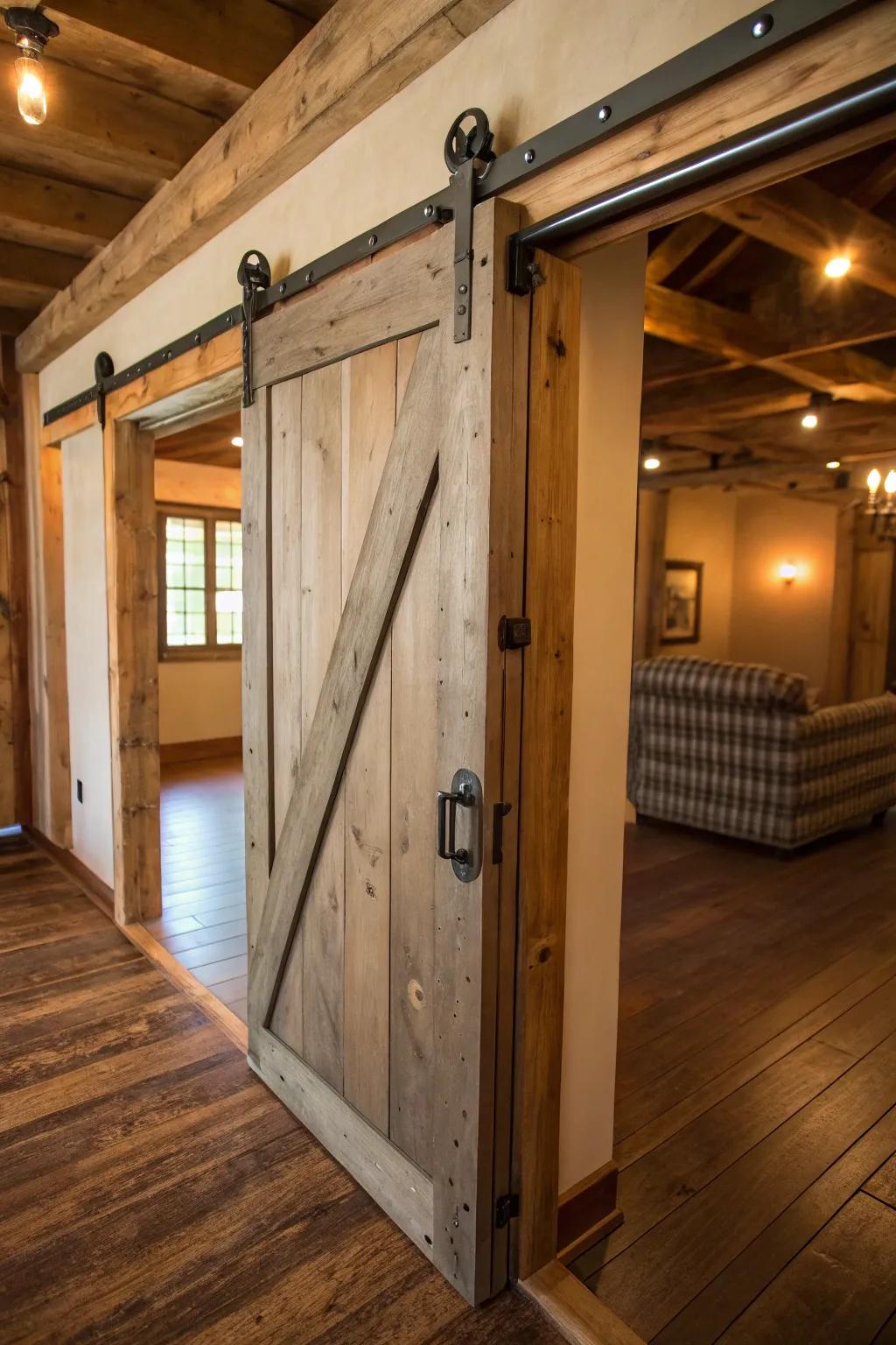 Barn-inspired gliding entrance with countryside hardware, impeccable for appending farmhouse panache.