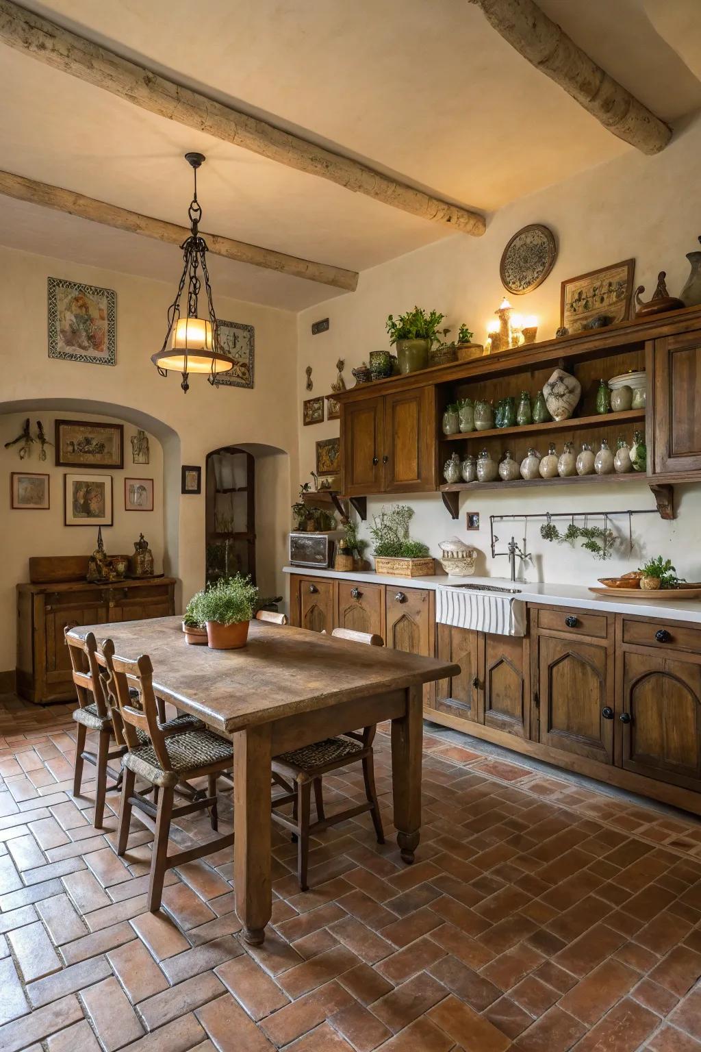 Clay brick flooring infuses a hint of classic charm.