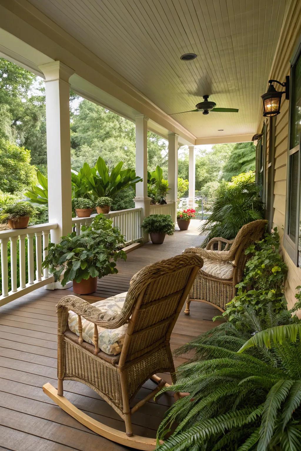 Relaxing seating featuring rattan furniture and rocking chairs creates a snug veranda.