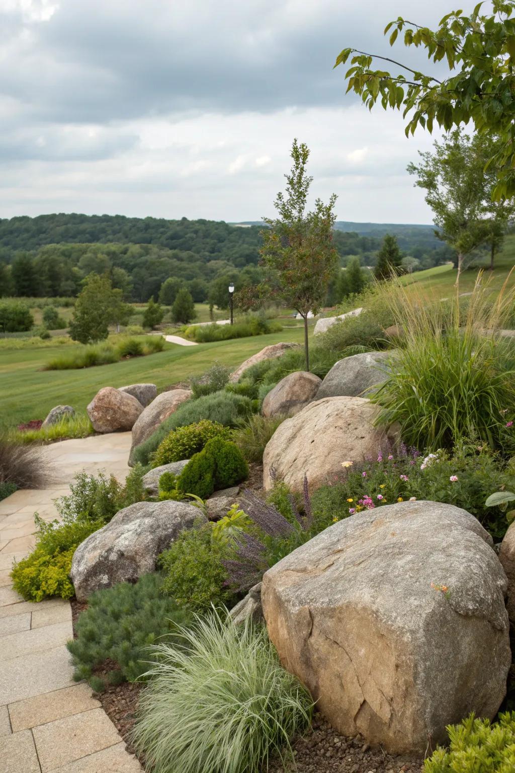Massive rocks forging inherent focal points within a garden.