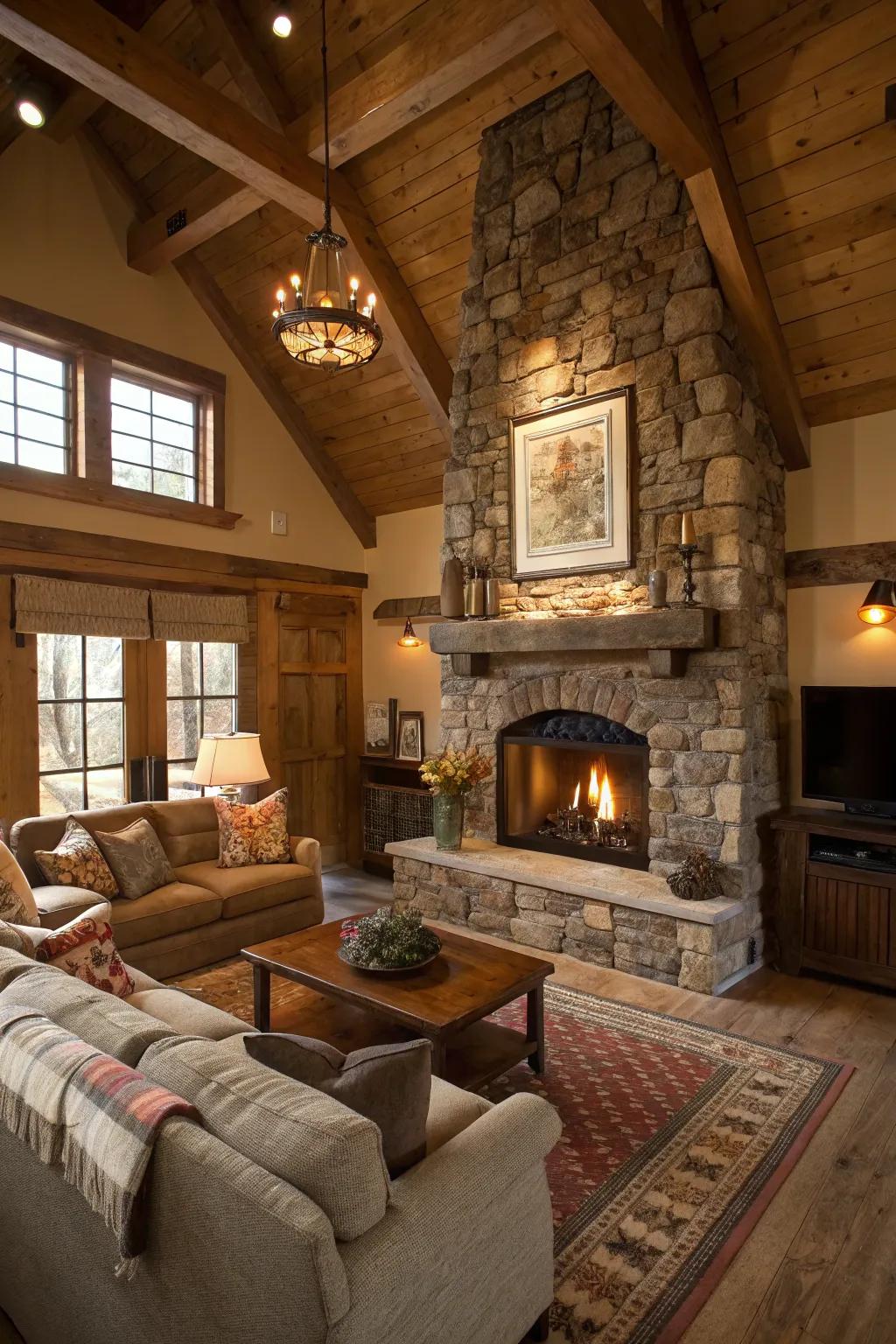 A rockwork fireplace constitutes the snug core of any rustic living space.