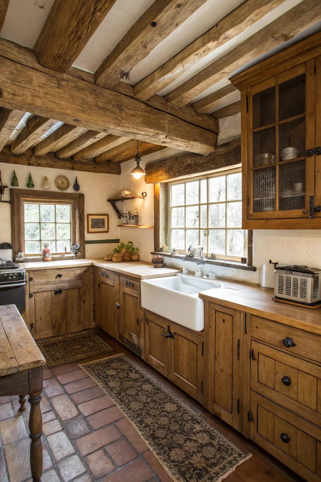 Exposed timber frameworks imbue individuality to this country-style kitchen.