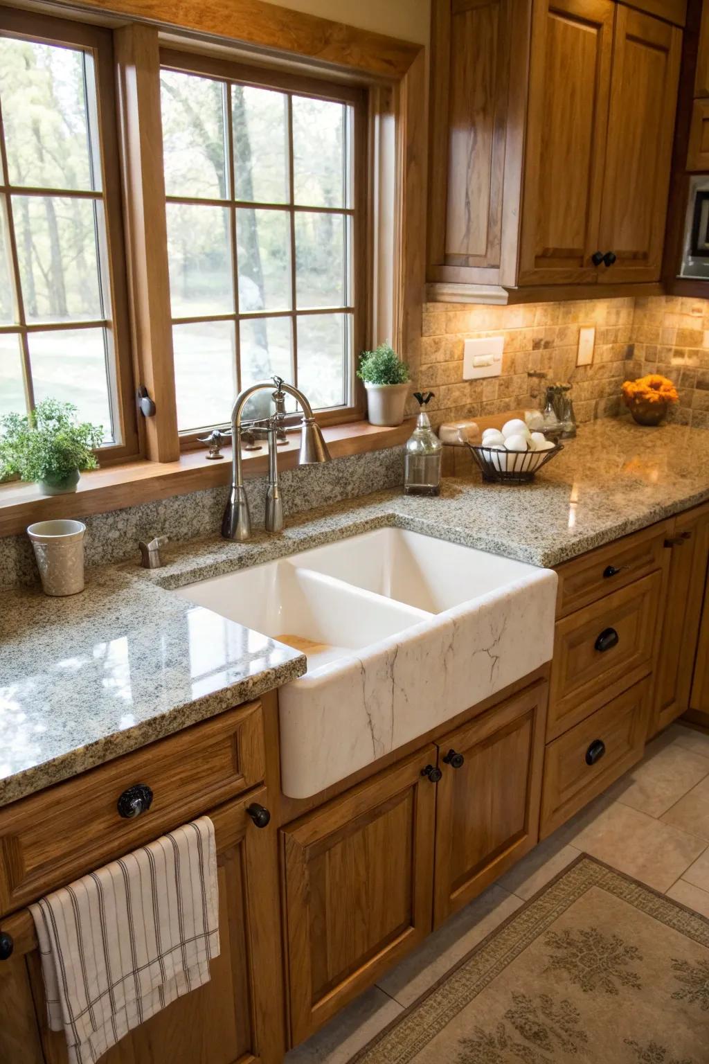 A traditional apron-front sink serving as the centerpiece of a countryside kitchen.