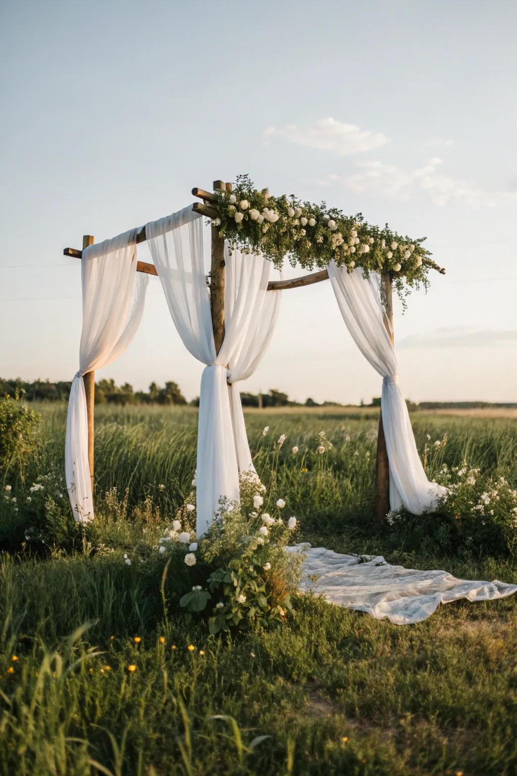 An elegant arch swathed in delicate textile, ideal for a dreamy alfresco ceremony.