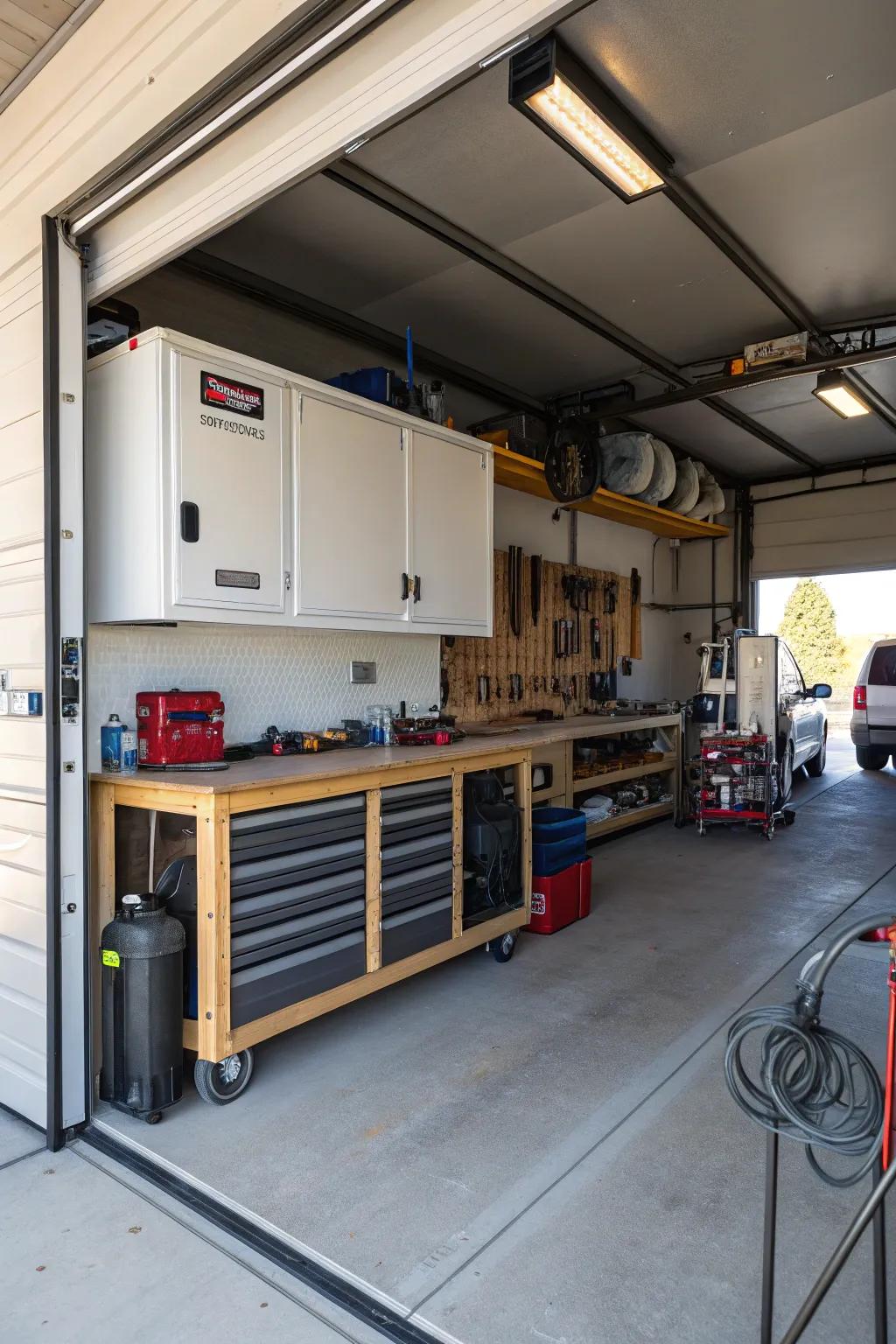 A dedicated workshop blends seamlessly into an RV garage, perfect for creative endeavors.