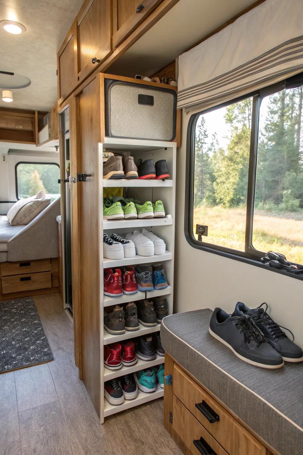 Stack your shoes upward with fashionable shelving segments.