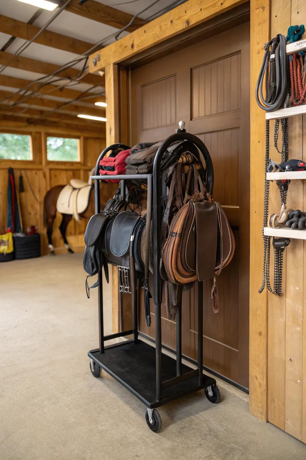 Carry your equine seats anywhere with portable supports.